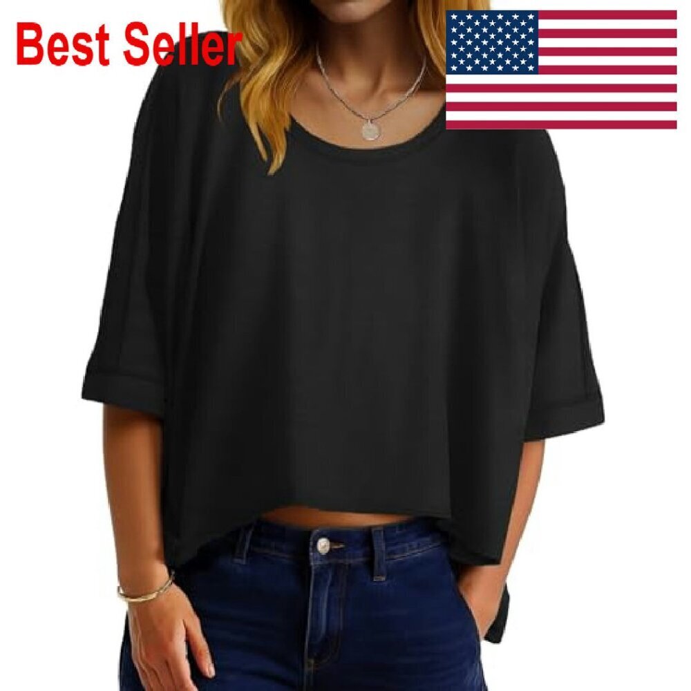Oversized Half Sleeve Crop Top Casual Chic Y2K Minimal Summer Blouse - Picture 6 of 7